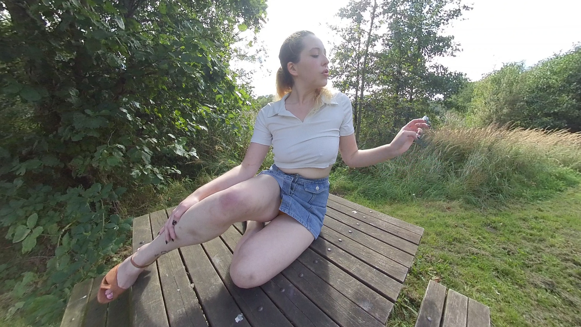 Aloralux - Smoking Bench; Amateur Outdoor Flashing her Tits Slideshow