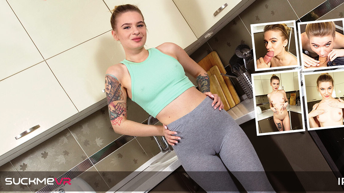 Blonde tattooed Iris sucks a hard cock in her kitchen: Iris Slideshow